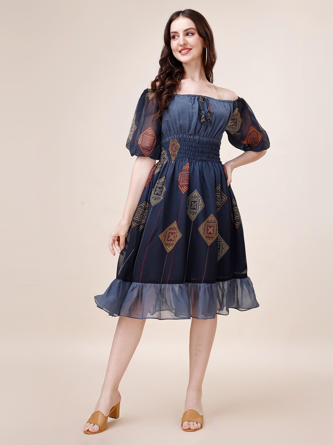 Trillmixa Ethnic Motifs Printed Off-Shoulder Puff Sleeves Georgette Fit & Flare Dress, Blue
Trillmixa Ethnic Motifs Printed Off-Shoulder Puff Sleeves Georgette Fit & Flare Dress, Blue