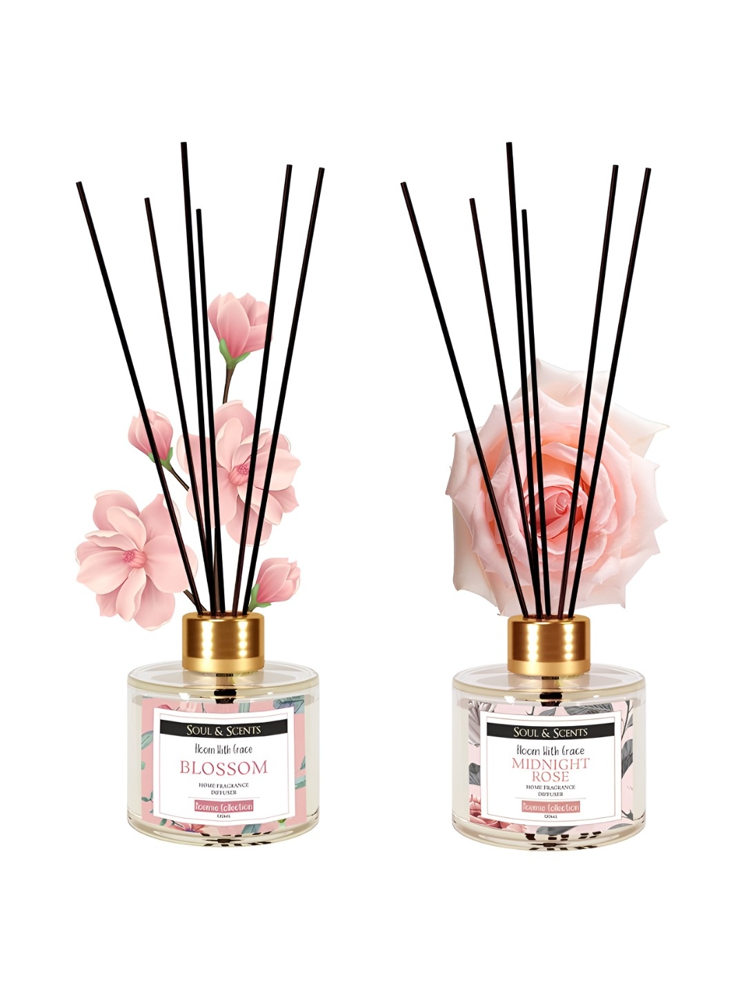 SOUL & SCENTS Blossom and Midnight Rose Reed Diffuser Set Combo Pack of 2-120ml Each, Transparent
SOUL & SCENTS Blossom and Midnight Rose Reed Diffuser Set Combo Pack of 2-120ml Each, Transparent
