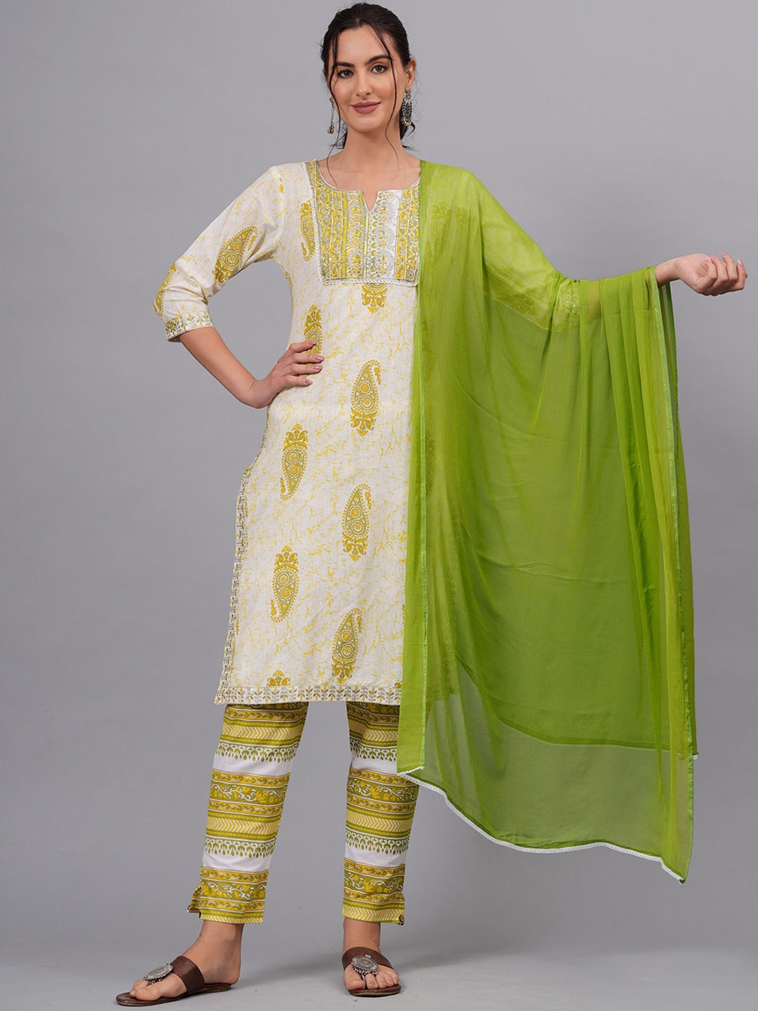 KALINI Paisley Printed Pure Cotton Straight Kurta & Palazzos With Dupatta, Cream