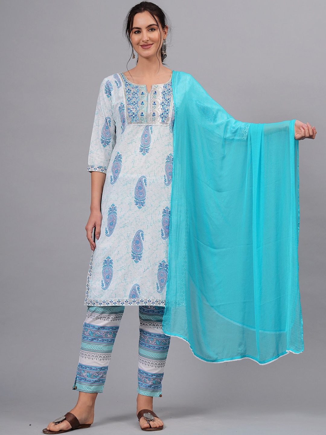KALINI Ethnic Motifs Printed Straight Pure Cotton Kurta With Trousers & Dupatta, Blue
