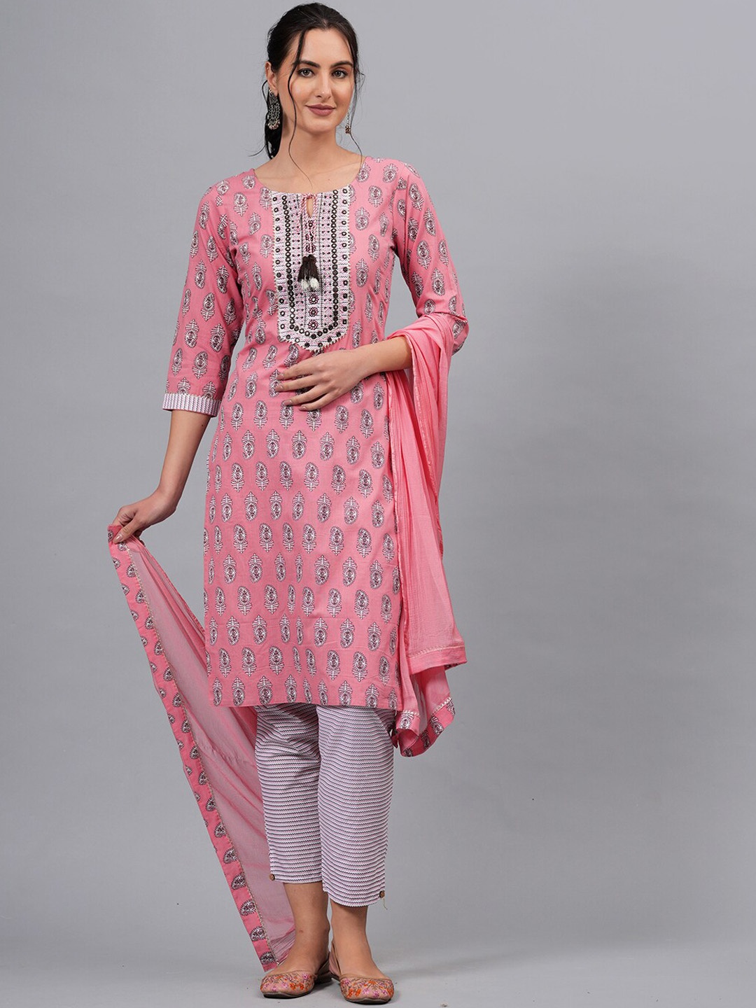KALINI Ethnic Motifs Printed Mirror Work Pure Cotton Kurta with Trousers & Dupatta, Pink
KALINI Ethnic Motifs Printed Mirror Work Pure Cotton Kurta with Trousers & Dupatta, Pink