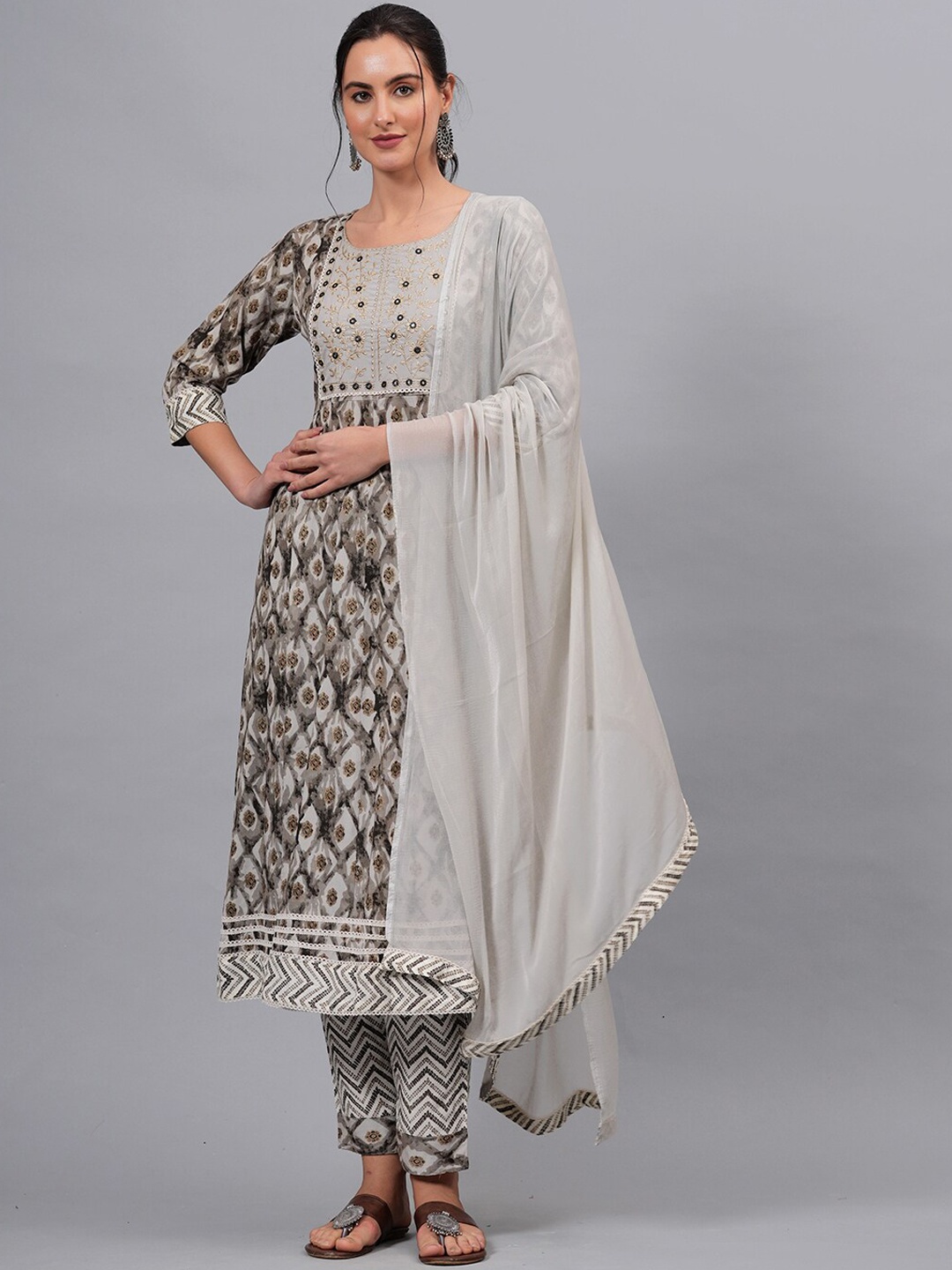 KALINI Ethnic Motifs Printed Mirror Work Anarkali Kurta with Trousers & Dupatta, Grey
KALINI Ethnic Motifs Printed Mirror Work Anarkali Kurta with Trousers & Dupatta, Grey