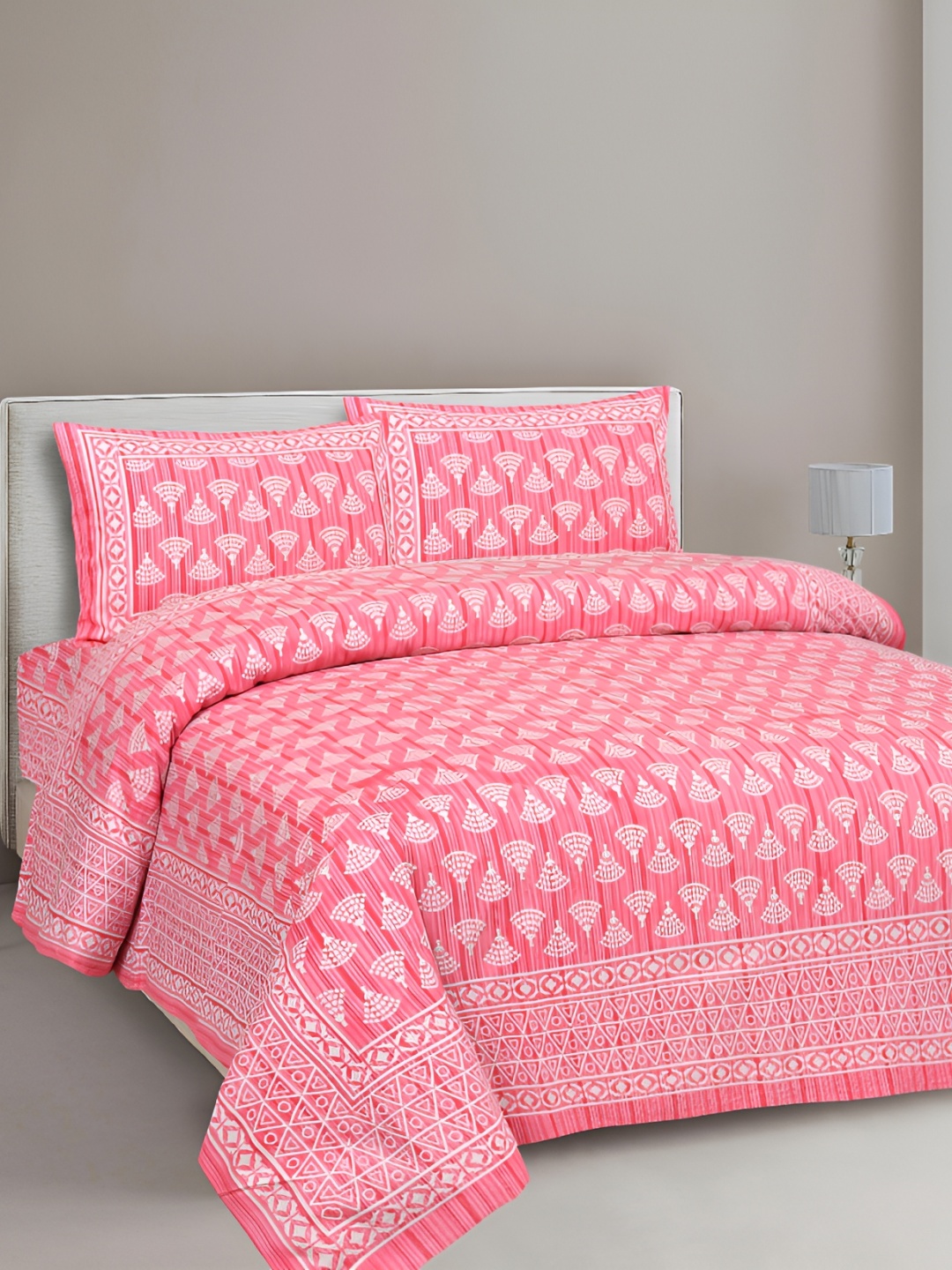 Lali Prints Pink & White Ethnic Motifs Cotton 180 TC King Bedsheet with 2 Pillow Covers
Lali Prints Pink & White Ethnic Motifs Cotton 180 TC King Bedsheet with 2 Pillow Covers