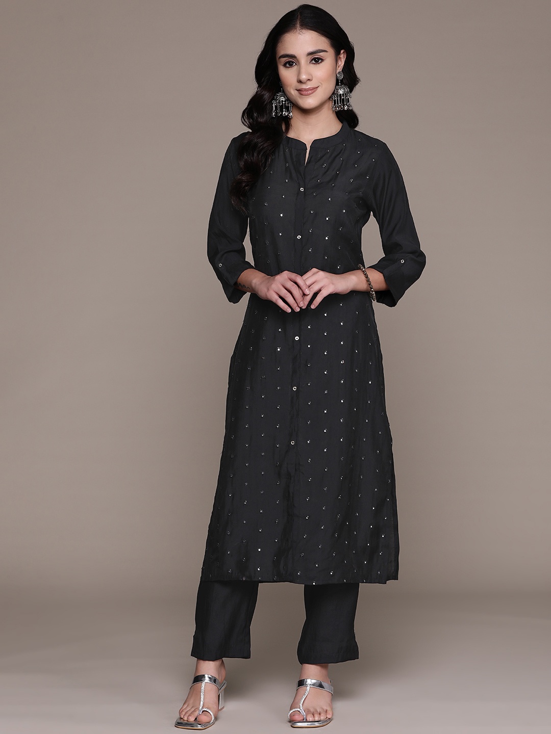 Readiprint Women Embroidered Regular Mirror Work Pure Silk Kurta with Palazzos, Black
Readiprint Women Embroidered Regular Mirror Work Pure Silk Kurta with Palazzos, Black
