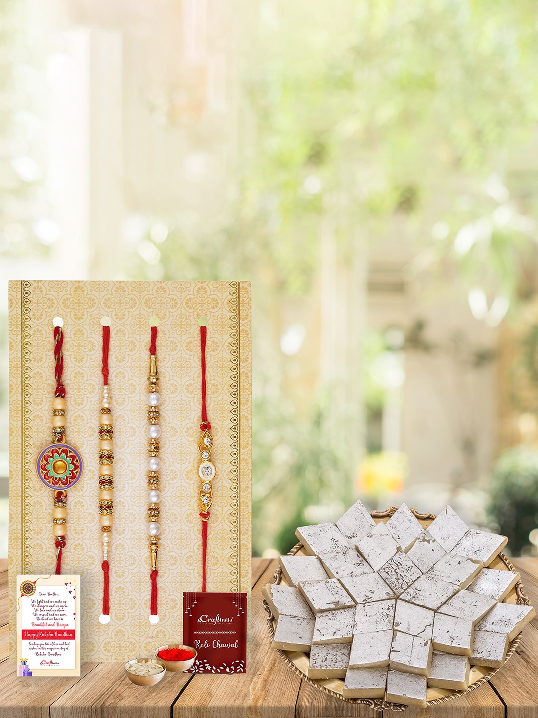 eCraftIndia Set Of 4 Designer Rakhis, Kaju Katli, Roli Chawal, Card Assorted Gift Set, Red
eCraftIndia Set Of 4 Designer Rakhis, Kaju Katli, Roli Chawal, Card Assorted Gift Set, Red