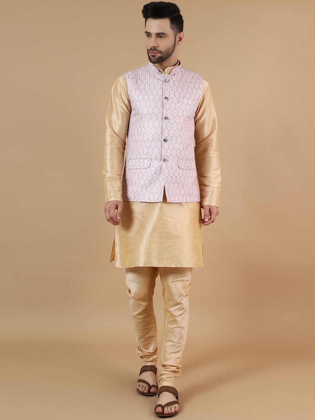 Wintage Mandarin Collar Long Sleeves Straight Kurta with Churidar And Printed Nehru jacket, Gold
Wintage Mandarin Collar Long Sleeves Straight Kurta with Churidar And Printed Nehru jacket, Gold