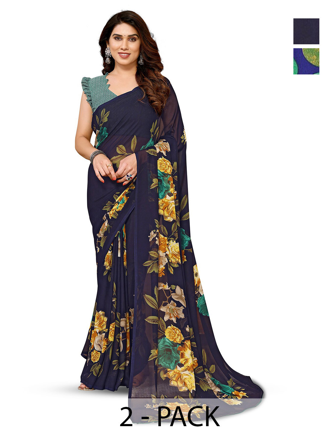 ANAND SAREES Selection Of 2 Floral Printed Sarees, Blue 
ANAND SAREES Selection Of 2 Floral Printed Sarees, Blue
