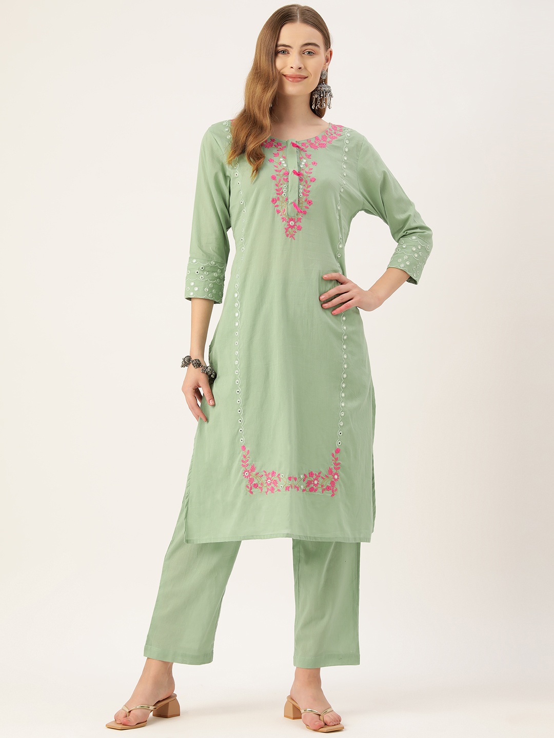 MISRI Women Floral Embroidered Regular Mirror Work Pure Cotton Kurta with Trousers, Green
MISRI Women Floral Embroidered Regular Mirror Work Pure Cotton Kurta with Trousers, Green