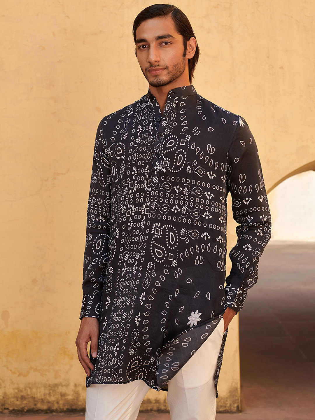 QB MEN Ethnic Motifs Printed Band Collar Pure Satin Kurta, Black 
QB MEN Ethnic Motifs Printed Band Collar Pure Satin Kurta, Black