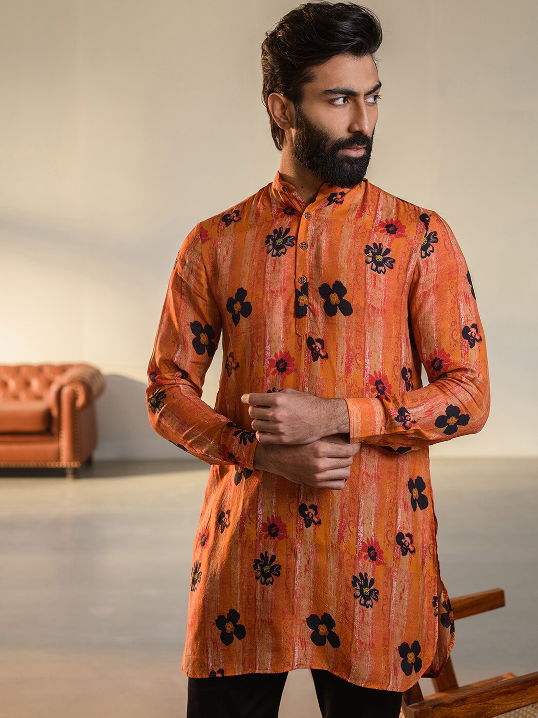 QB MEN Floral Printed Band Collar Silk Kurta, Orange