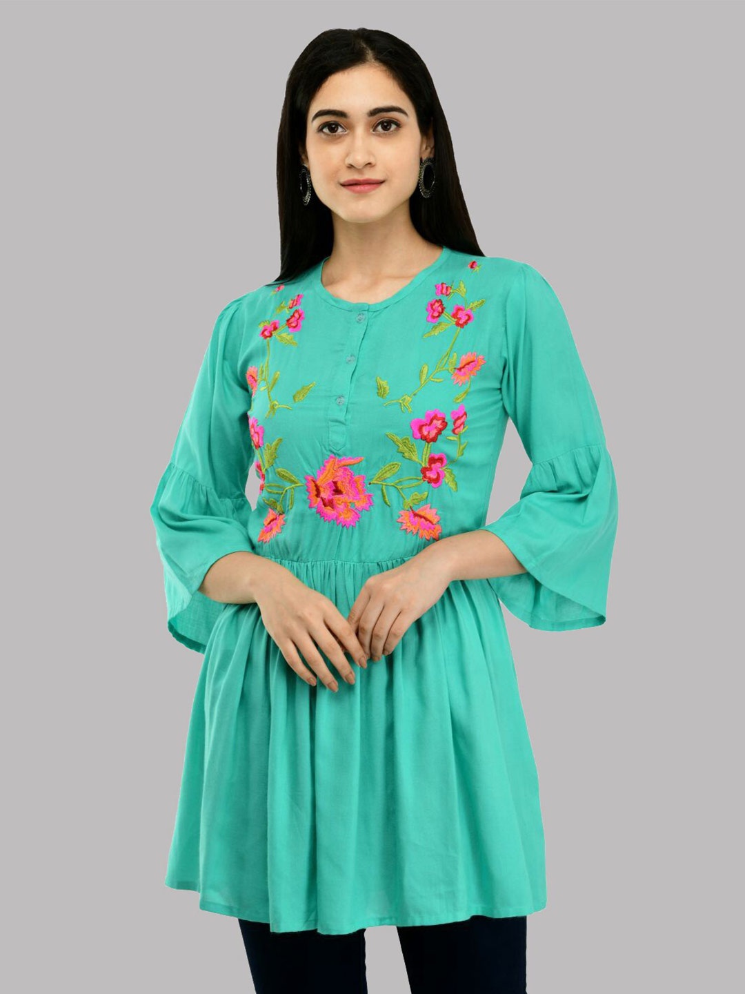 SAAKAA Floral Embroidery Round Neck Bell Sleeve Cotton Empire Longline Top, Turquoise blue
SAAKAA Floral Embroidery Round Neck Bell Sleeve Cotton Empire Longline Top, Turquoise blue