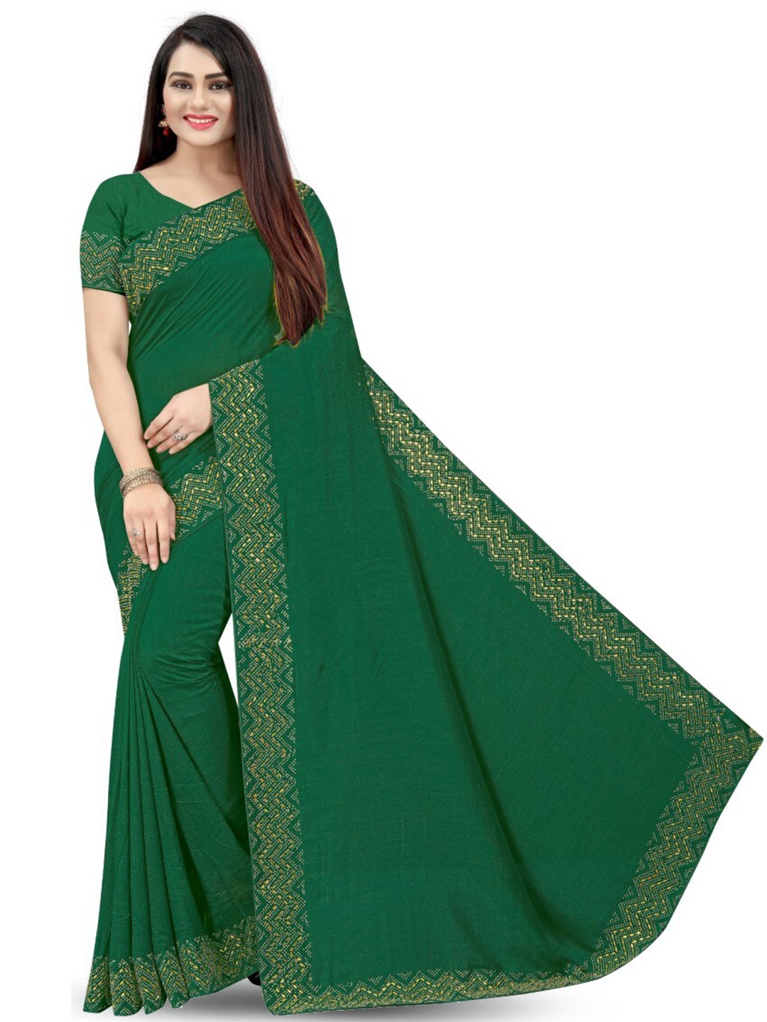PUNYATHA CREATION Beads and Stones Saree, Green