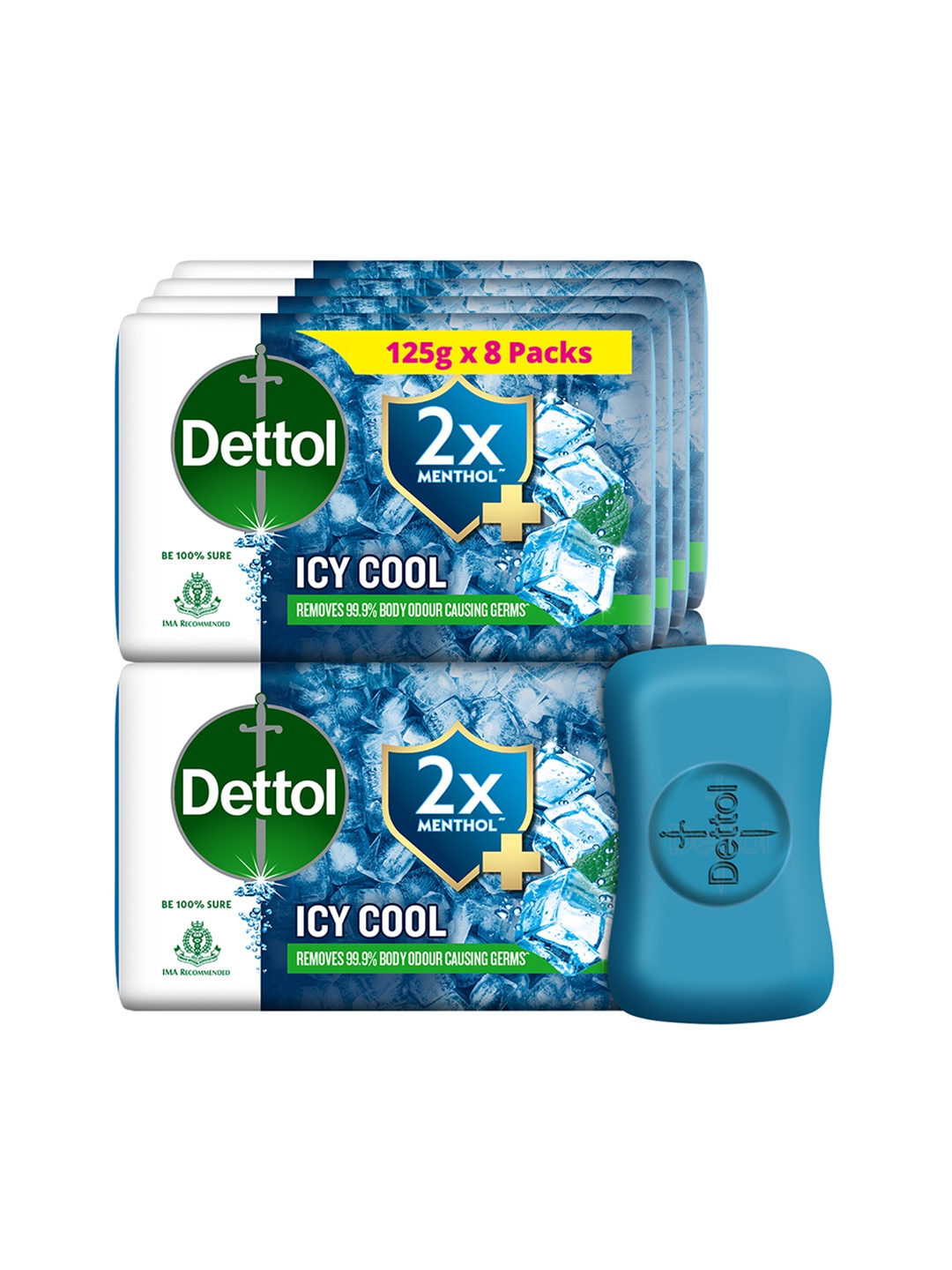 Dettol Set Of 8 Icy Cool Bathing Bar Soap With 2x Menthol To Remove Body Odour - 125g Each, Blue
Dettol Set Of 8 Icy Cool Bathing Bar Soap With 2x Menthol To Remove Body Odour - 125g Each, Blue