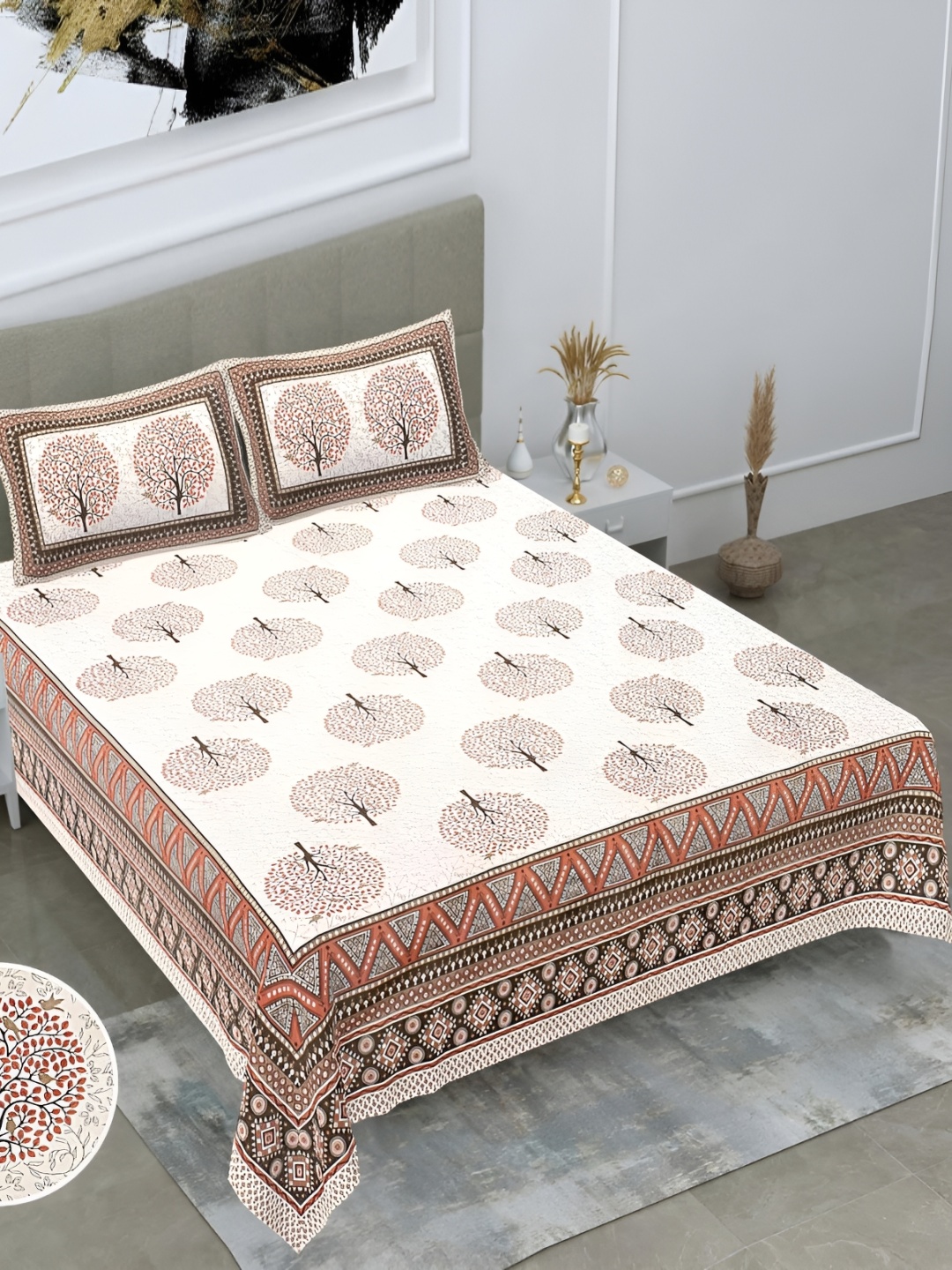 Polo Plus White & Brown Ethnic Motifs Cotton 120 TC King Bedsheet with 2 Pillow Covers
Polo Plus White & Brown Ethnic Motifs Cotton 120 TC King Bedsheet with 2 Pillow Covers