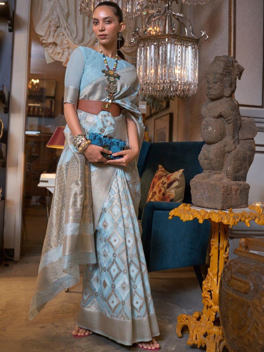 SGF11 Ethnic Motifs Woven Design Zari Pure Linen Patola Saree, Blue