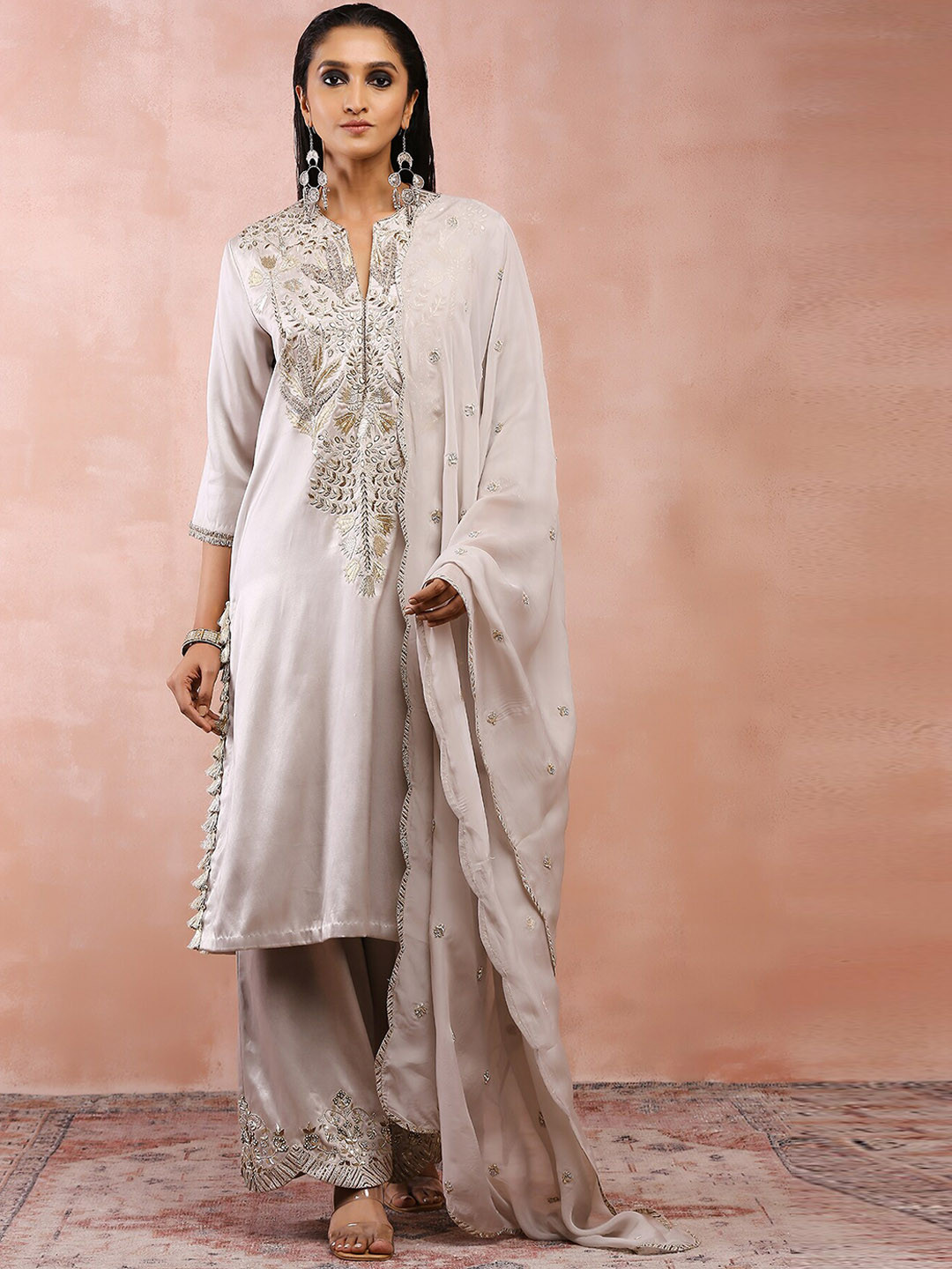Payal Singhal Ethnic Motifs Embroidered Regular Gotta Patti Kurta With Palazzos & Dupatta, Grey 
Payal Singhal Ethnic Motifs Embroidered Regular Gotta Patti Kurta With Palazzos & Dupatta, Grey