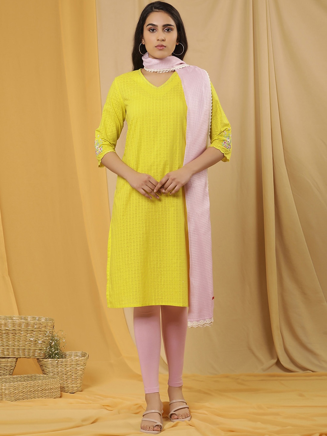 W Geometric Woven Design Thread Work Pure Cotton Kurta With Leggings & Dupatta, Yellow
W Geometric Woven Design Thread Work Pure Cotton Kurta With Leggings & Dupatta, Yellow