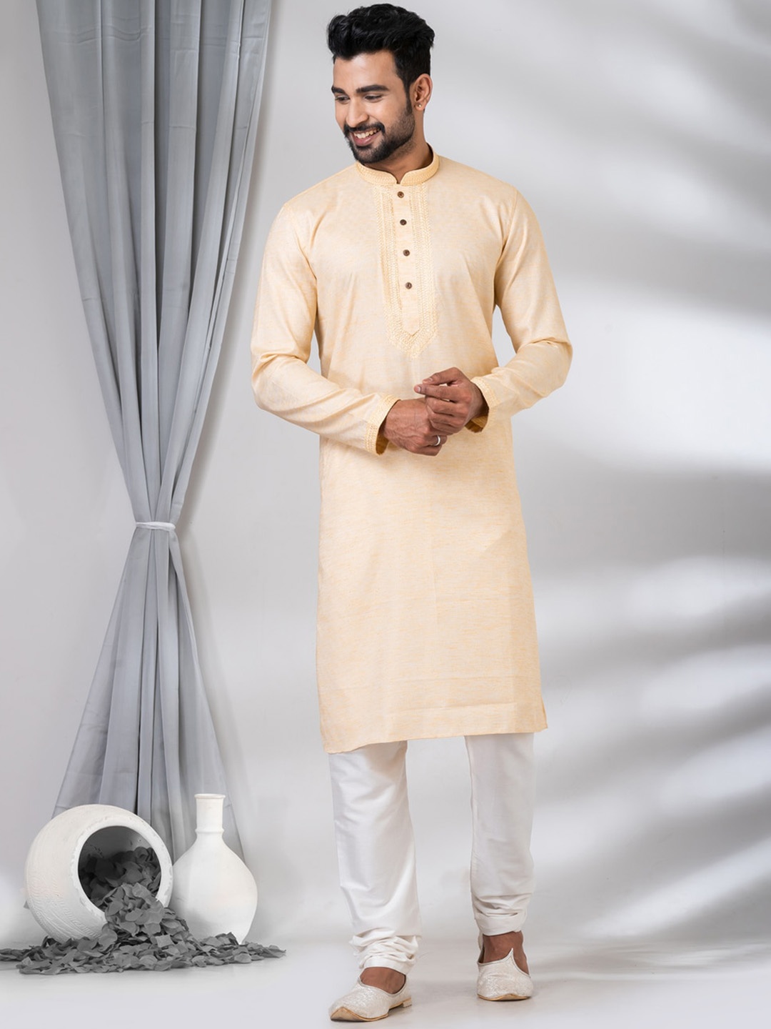 HU - Handcrafted Uniquely Embroidered Mandarin Collar Thread Work Dobby Kurta, Yellow
HU - Handcrafted Uniquely Embroidered Mandarin Collar Thread Work Dobby Kurta, Yellow
