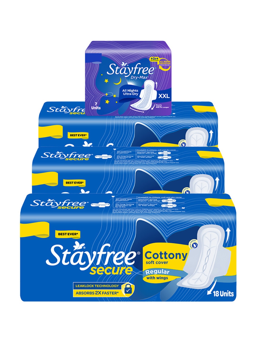 Stayfree Secure 3Pcs Cottony Soft Regular Pads- 18Pcs Each & Dry Max All Nights XXL- 7Pcs, Blue
Stayfree Secure 3Pcs Cottony Soft Regular Pads- 18Pcs Each & Dry Max All Nights XXL- 7Pcs, Blue