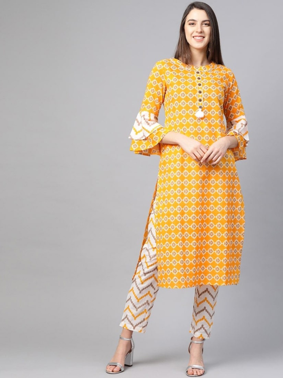 KALINI Ethnic Motifs Printed Pure Cotton Bell Sleeves Straight Kurta with Trouser, Mustard
KALINI Ethnic Motifs Printed Pure Cotton Bell Sleeves Straight Kurta with Trouser, Mustard