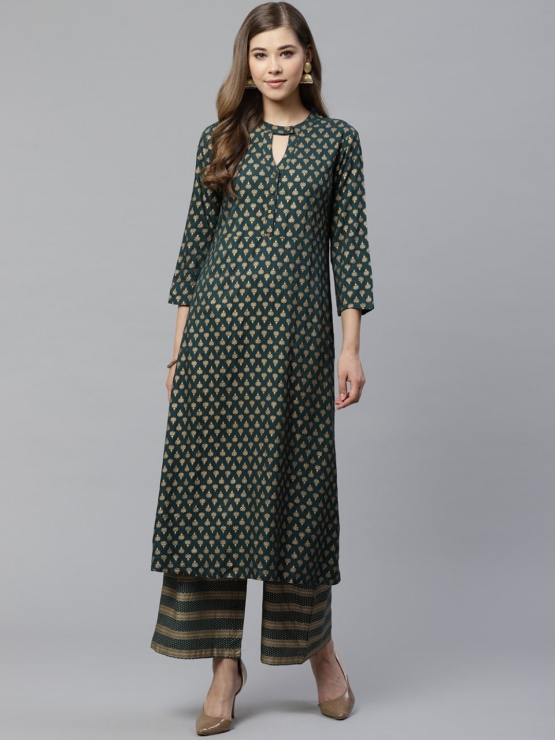 KALINI Ethnic Motifs Printed Key Hole Neck Three-Quarter Sleeves Straight Kurta & Palazzos, Green
KALINI Ethnic Motifs Printed Key Hole Neck Three-Quarter Sleeves Straight Kurta & Palazzos, Green