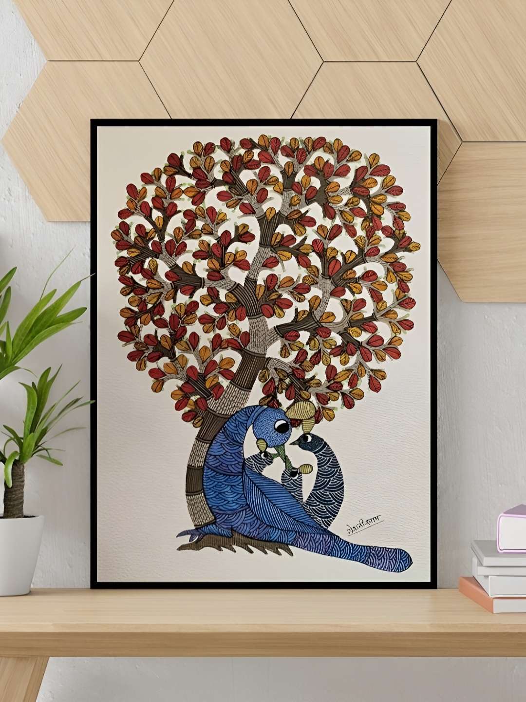 Peepul Tree Blue Tribal Gond Painting of Peacocks Around the Tree of Life Wall Art, White
Peepul Tree Blue Tribal Gond Painting of Peacocks Around the Tree of Life Wall Art, White