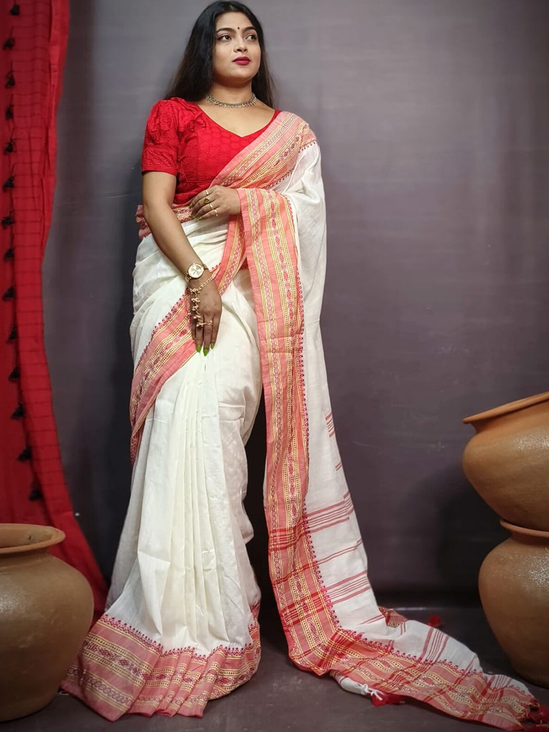 ODETTE Woven Design Saree, White
