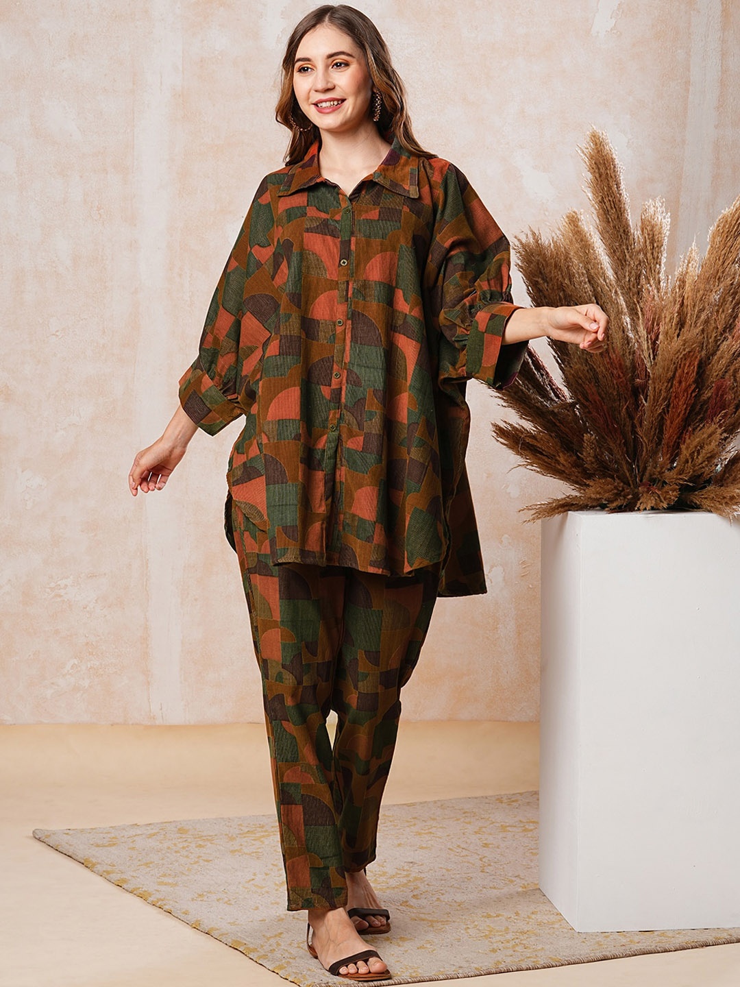FASHOR Printed Shirt Collar Kaftan Style Corduroy Pure Cotton Tunic & Trousers, Brown
FASHOR Printed Shirt Collar Kaftan Style Corduroy Pure Cotton Tunic & Trousers, Brown