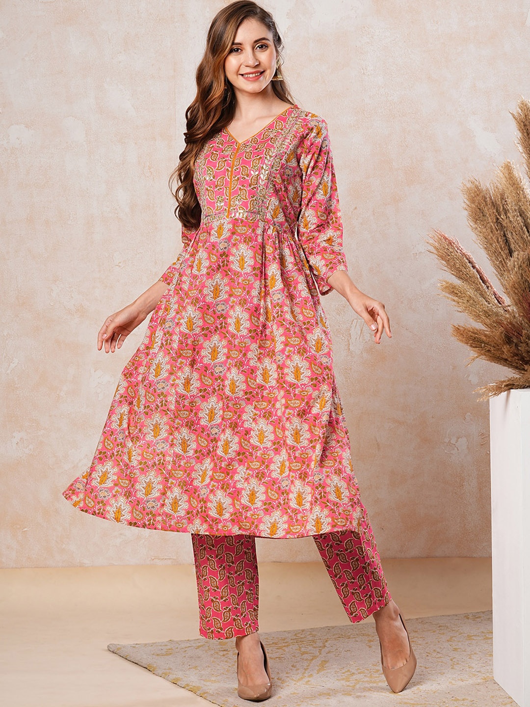 FASHOR Floral Printed Pleated Gotta Patti A-Line Pure Cotton Kurta with Trousers, Pink
FASHOR Floral Printed Pleated Gotta Patti A-Line Pure Cotton Kurta with Trousers, Pink
