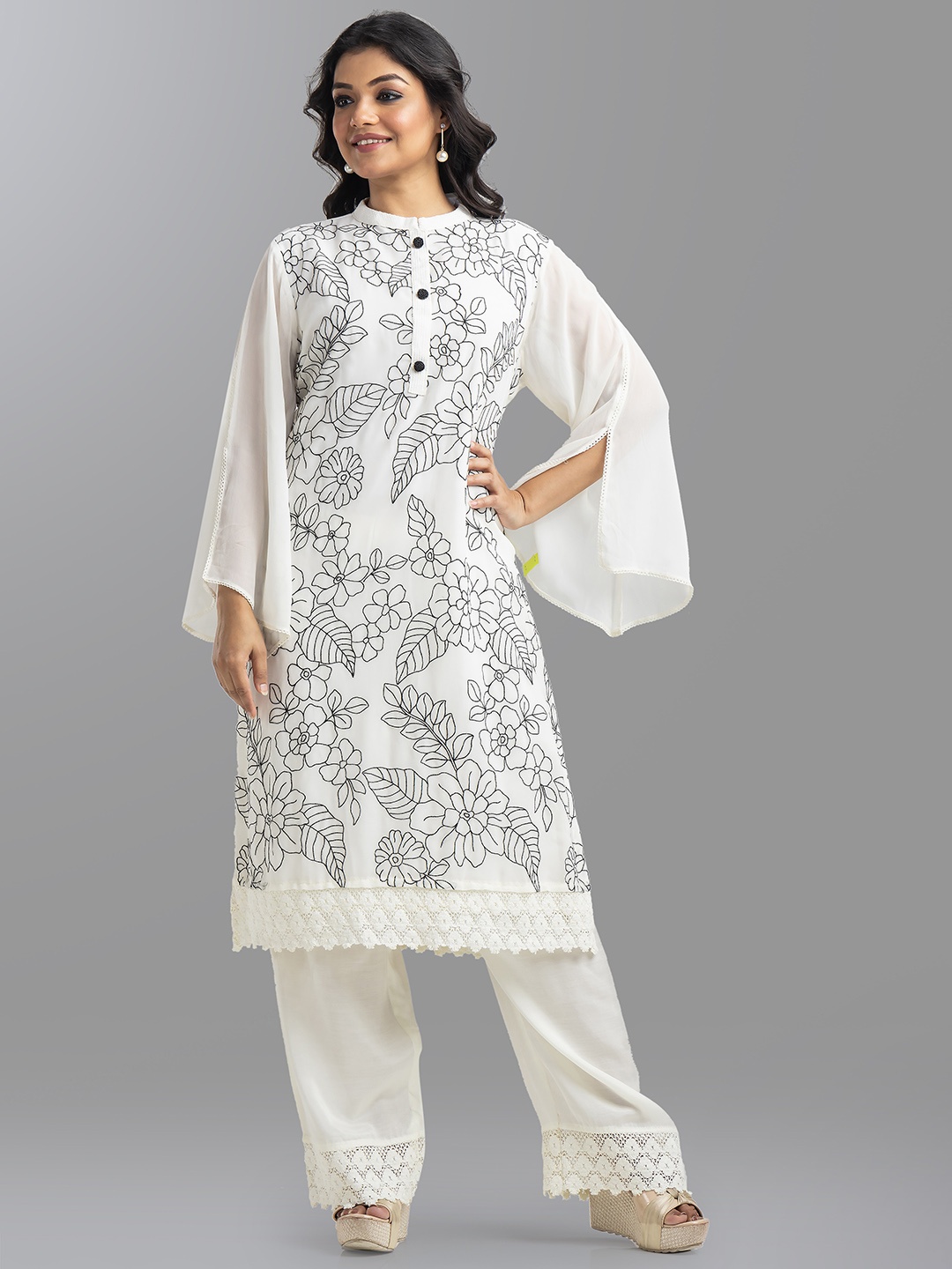 SACRED SUTA Floral Embroidered Regular Thread Work Silk Georgette Kurta with Trouser, White
SACRED SUTA Floral Embroidered Regular Thread Work Silk Georgette Kurta with Trouser, White