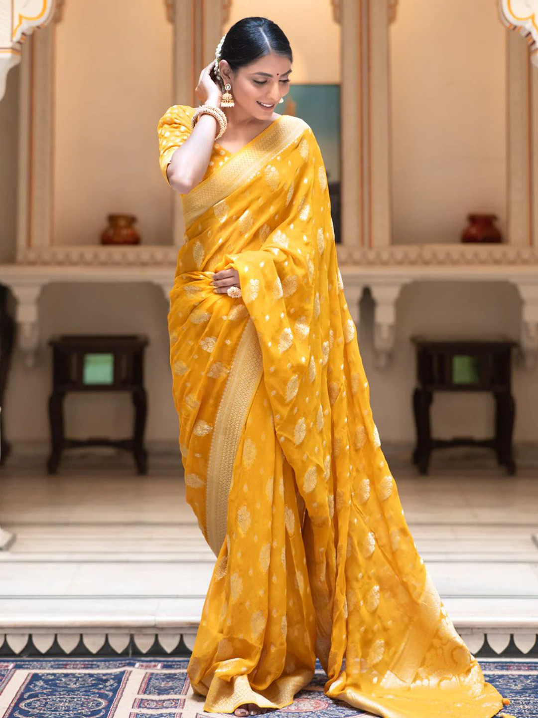 PHEASANT Floral Woven Design Zari Pure Georgette Banarasi Saree, Yellow
PHEASANT Floral Woven Design Zari Pure Georgette Banarasi Saree, Yellow