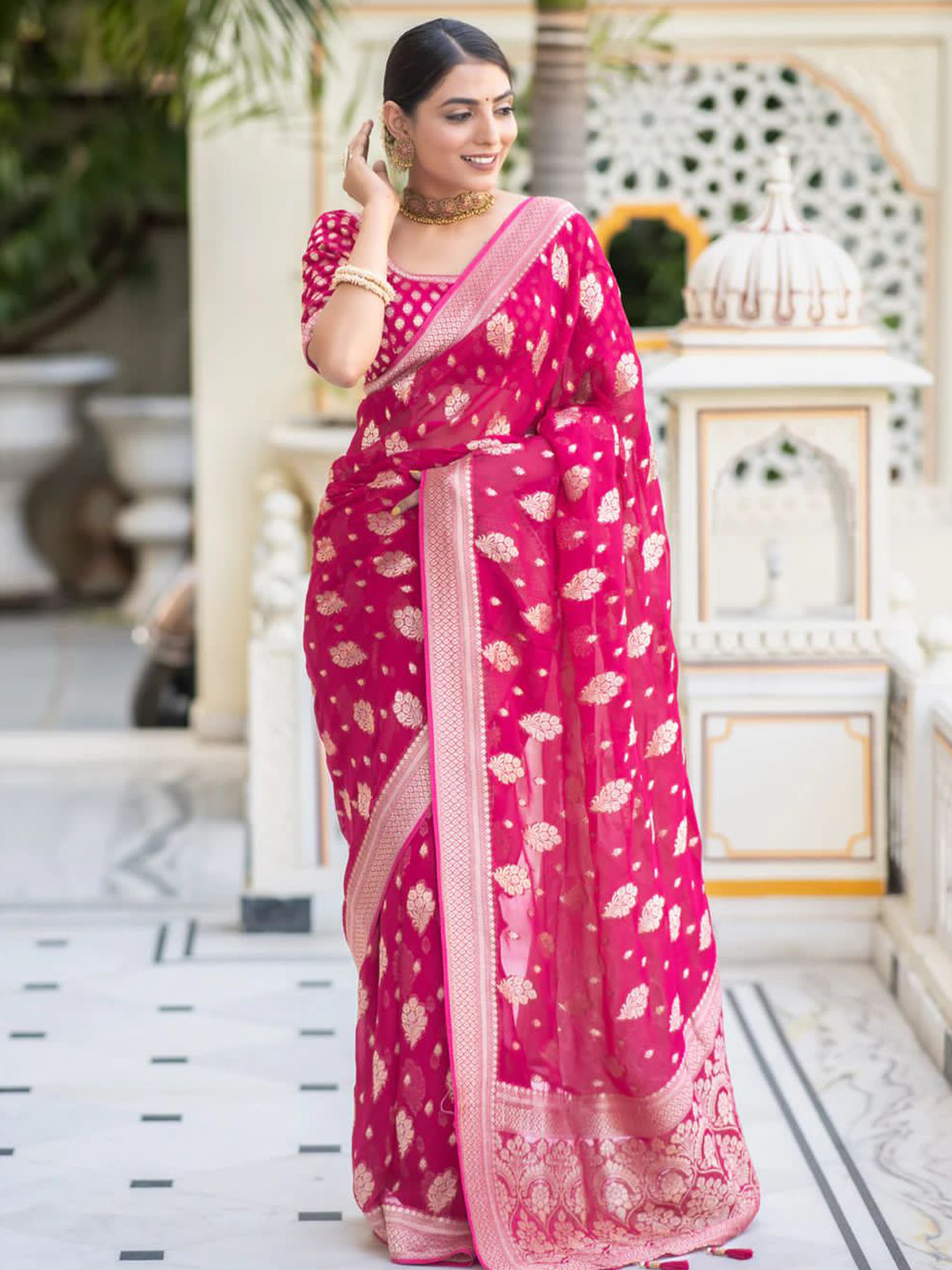 PHEASANT Ethnic Motifs Woven Design Zari Pure Georgette Banarasi Saree, Pink 
PHEASANT Ethnic Motifs Woven Design Zari Pure Georgette Banarasi Saree, Pink