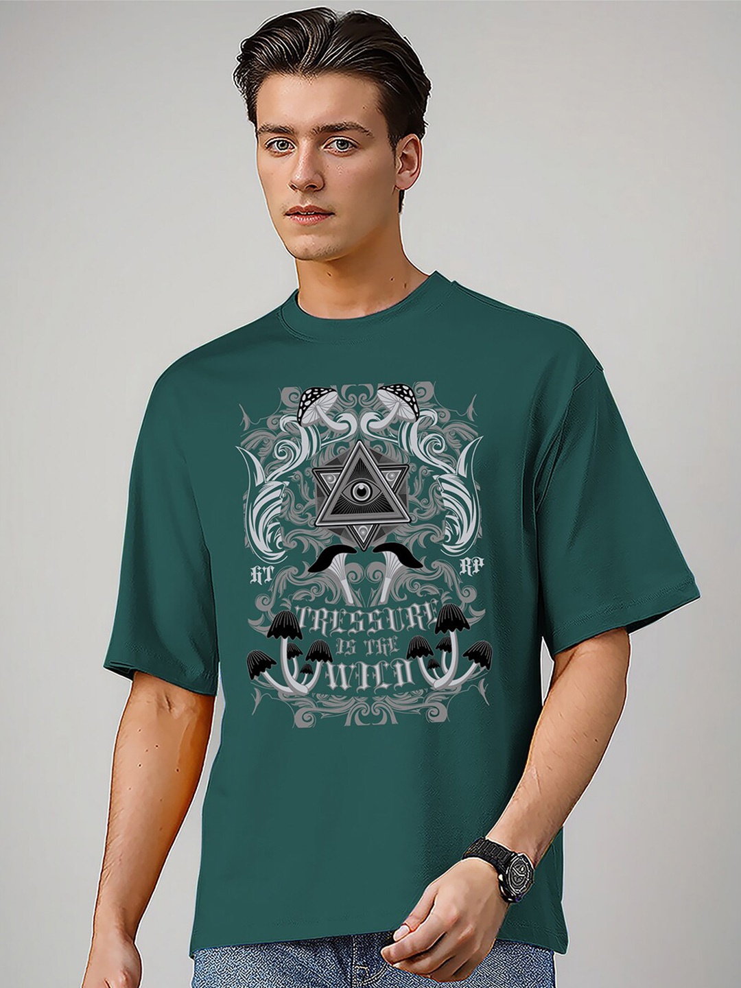 Huetrap Graphic Printed Relaxed Fit Cotton T-shirt, Teal