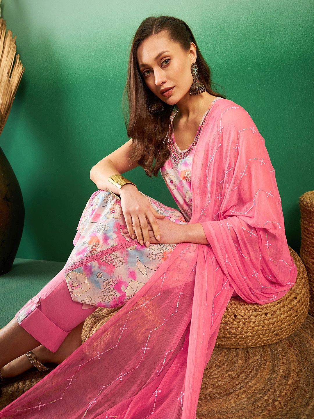 Sangria Printed & Embroidered Pure Cotton Straight Kurta With Trouser & Dupatta, Pink
Sangria Printed & Embroidered Pure Cotton Straight Kurta With Trouser & Dupatta, Pink