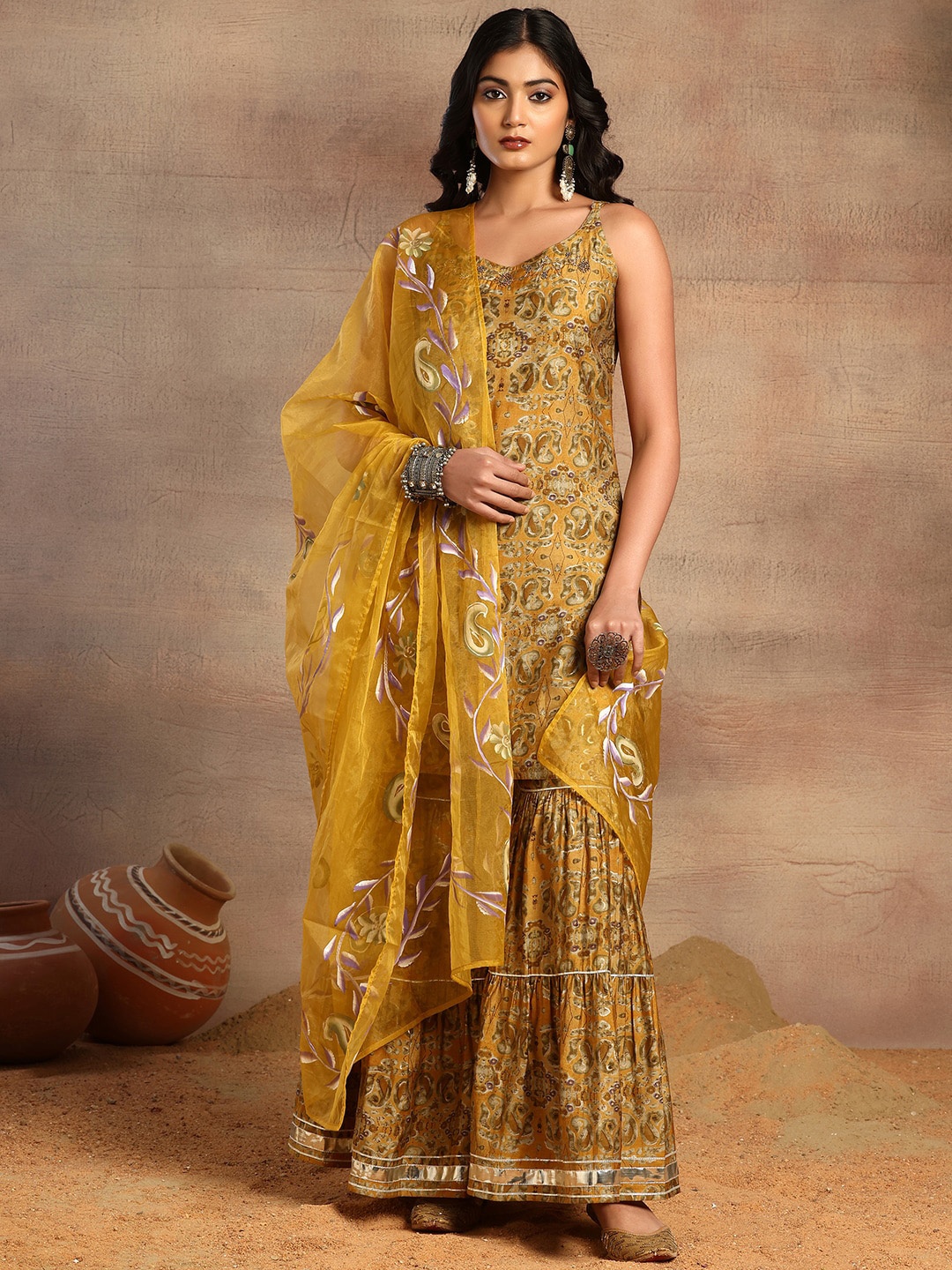 INDYA Ethnic Printed Shoulder Straps Chanderi Silk Straight Kurta With Sharara & Dupatta, Yellow
INDYA Ethnic Printed Shoulder Straps Chanderi Silk Straight Kurta With Sharara & Dupatta, Yellow