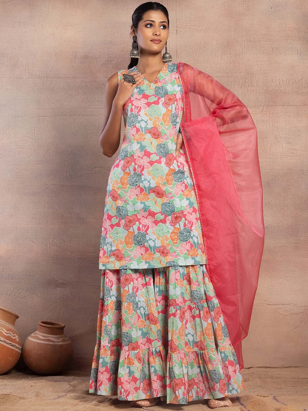 INDYA Floral Printed V-Neck Pure Cotton Straight Kurta With Sharara & Dupatta, Green
INDYA Floral Printed V-Neck Pure Cotton Straight Kurta With Sharara & Dupatta, Green