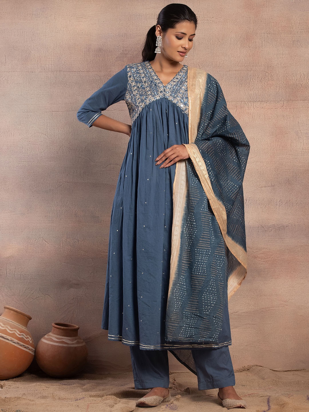 INDYA Ethnic Motifs Embroidered Mirror Work Pure Cotton Kurta With Trousers & Dupatta, Blue
INDYA Ethnic Motifs Embroidered Mirror Work Pure Cotton Kurta With Trousers & Dupatta, Blue