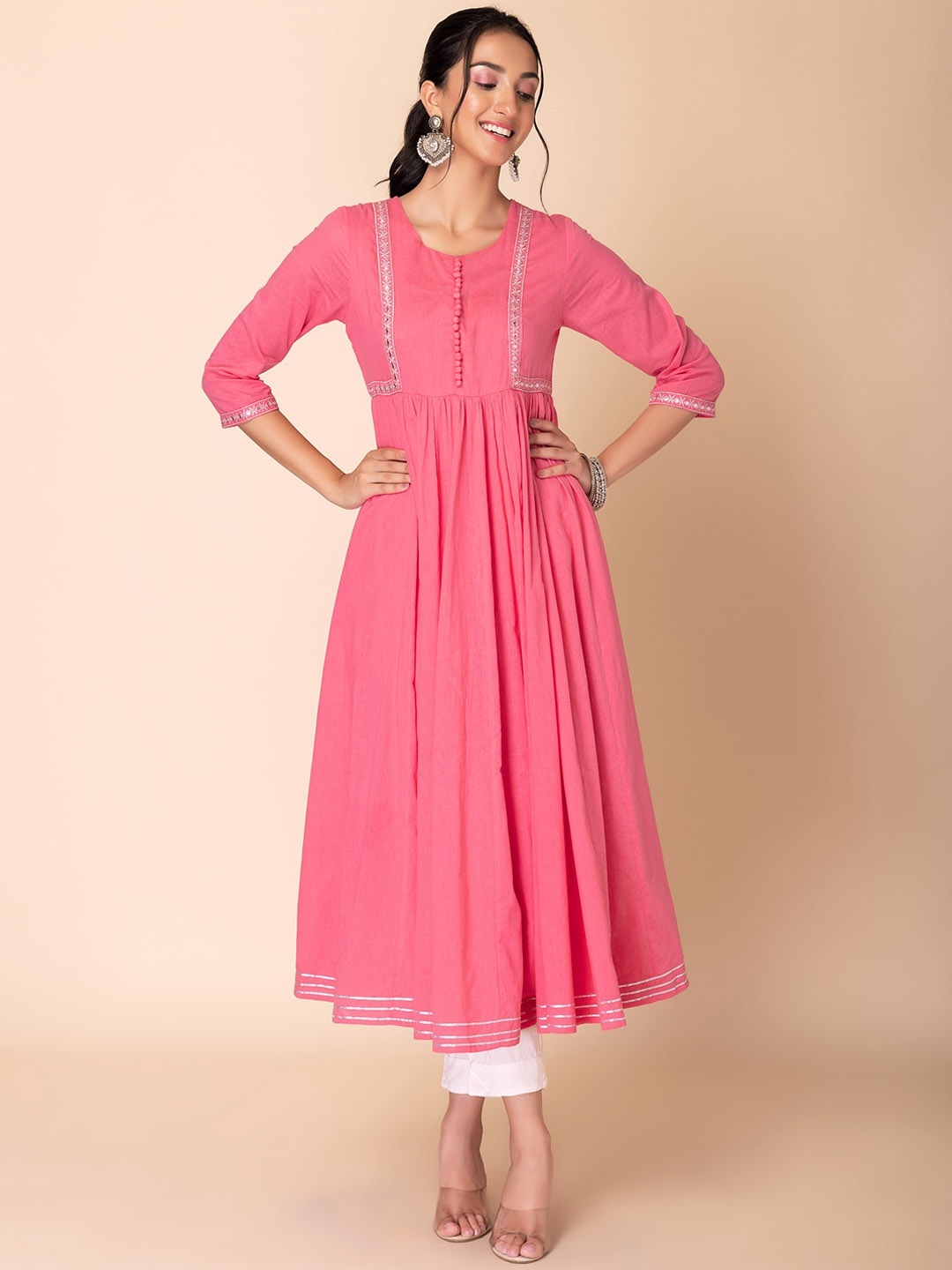 INDYA Mirror Embroidered Round Neck Three-Quarter Sleeves Pure Cotton Anarkali Kurta, Pink
INDYA Mirror Embroidered Round Neck Three-Quarter Sleeves Pure Cotton Anarkali Kurta, Pink
