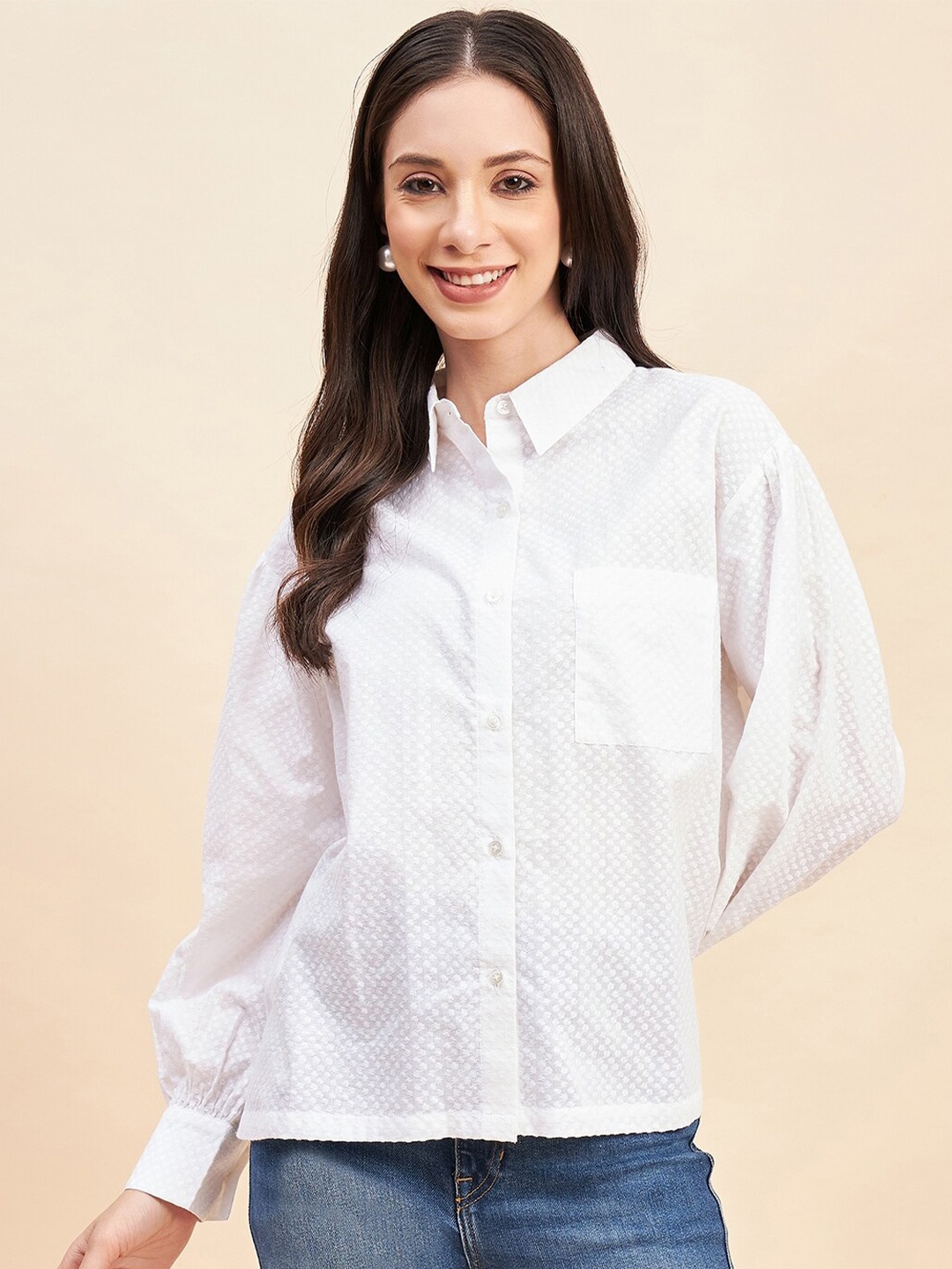 JEFF COOPER Spread Collar Polka Dot Woven Design Oversized Casual Cotton Shirt, White
JEFF COOPER Spread Collar Polka Dot Woven Design Oversized Casual Cotton Shirt, White