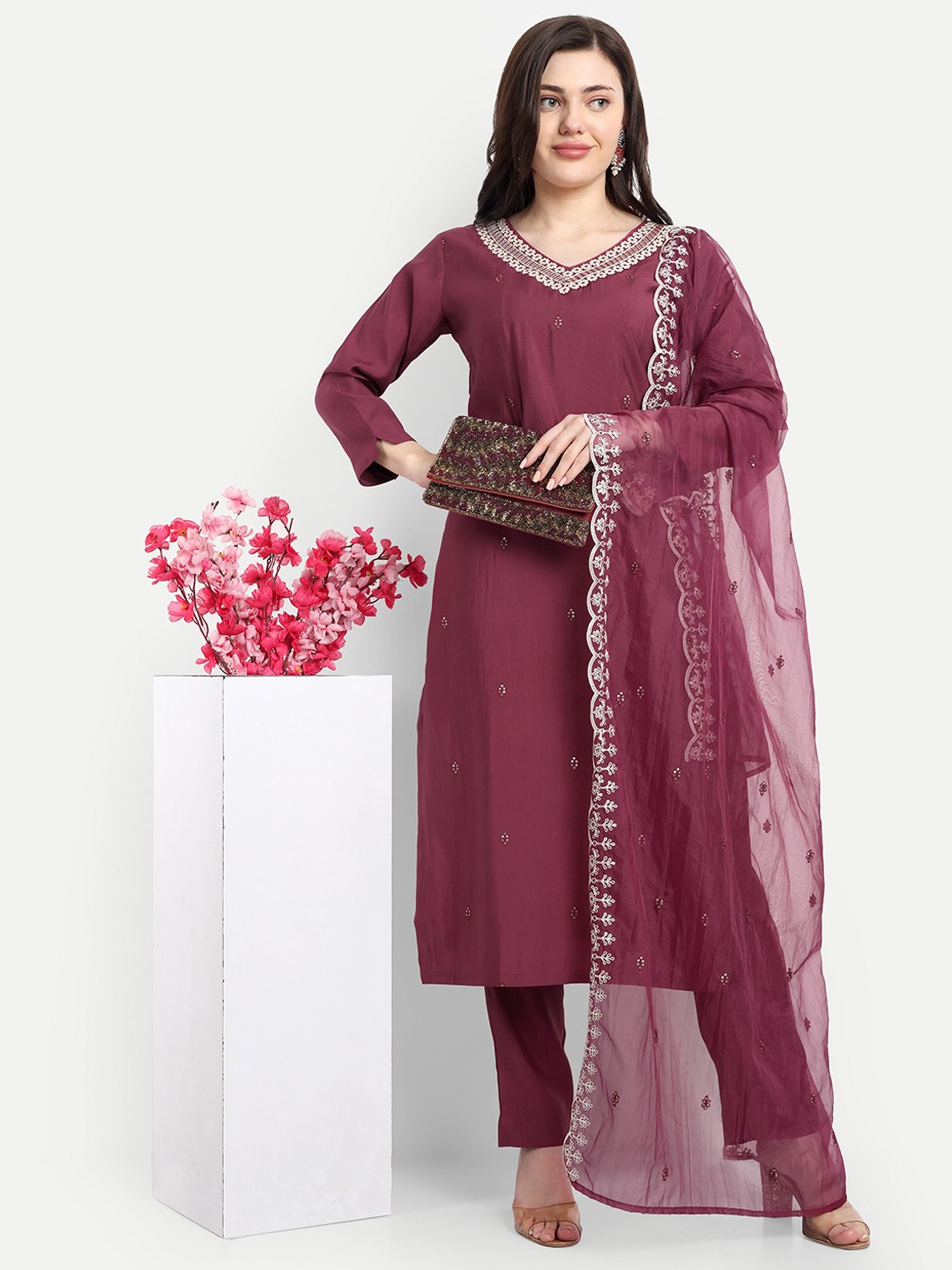 V B SONS Women Ethnic Motifs Embroidered Straight Sequinned Kurta With Trousers & Dupatta, Maroon
V B SONS Women Ethnic Motifs Embroidered Straight Sequinned Kurta With Trousers & Dupatta, Maroon