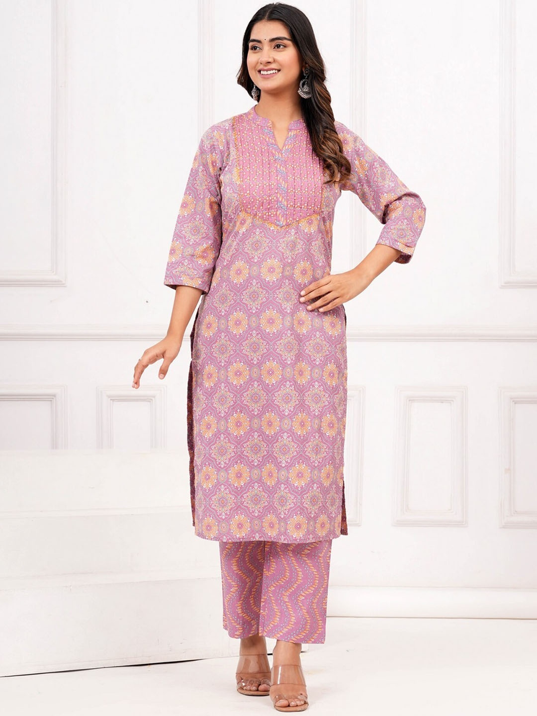 KALINI Mandarin Collar Floral Printed Gotta Patti Pure Cotton Straight Kurta with Trouser, Pink
KALINI Mandarin Collar Floral Printed Gotta Patti Pure Cotton Straight Kurta with Trouser, Pink