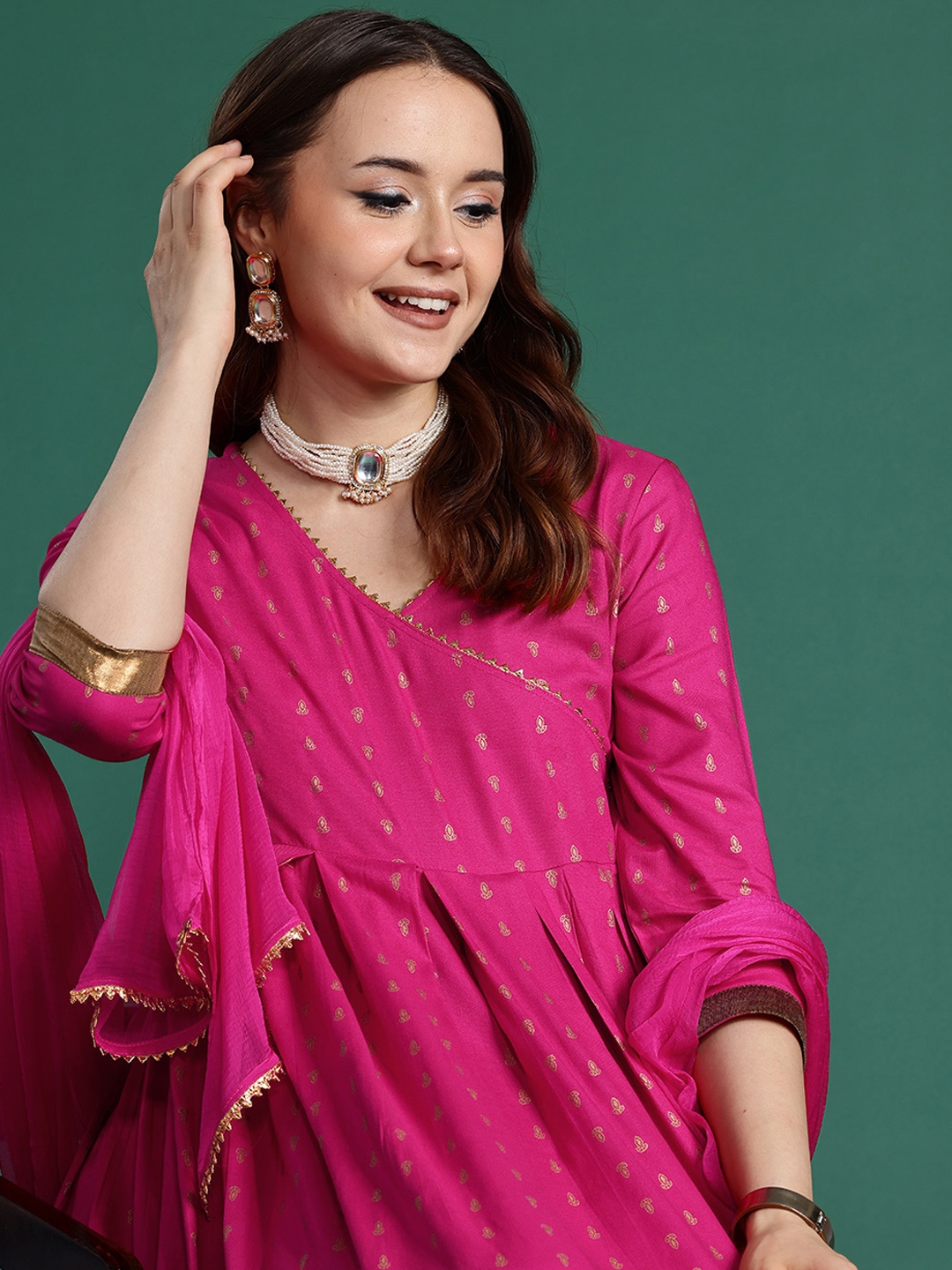 Sangria Ethnic Motifs Printed Gotta Patti Kurta with Sharara & Dupatta, Fuchsia
Sangria Ethnic Motifs Printed Gotta Patti Kurta with Sharara & Dupatta, Fuchsia