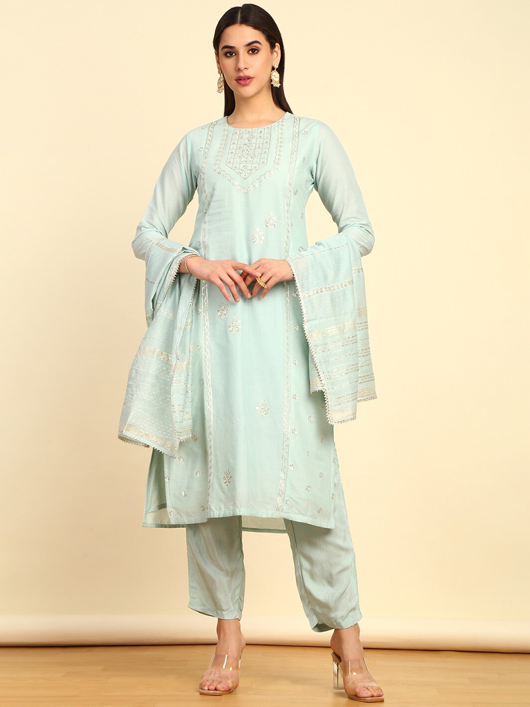 Soch Floral Embroidered Regular Sequinned Pure Cotton Kurta with Trouser & Dupatta, Blue
Soch Floral Embroidered Regular Sequinned Pure Cotton Kurta with Trouser & Dupatta, Blue