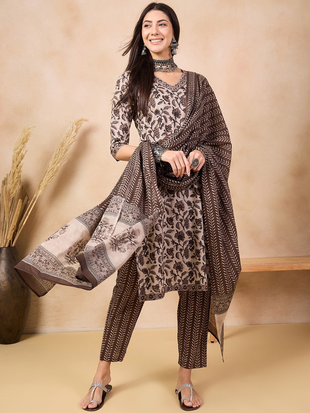 Anouk Ethnic Motifs Printed Mirror Work Pure Cotton Kurta & Trousers With Dupatta, Brown
Anouk Ethnic Motifs Printed Mirror Work Pure Cotton Kurta & Trousers With Dupatta, Brown