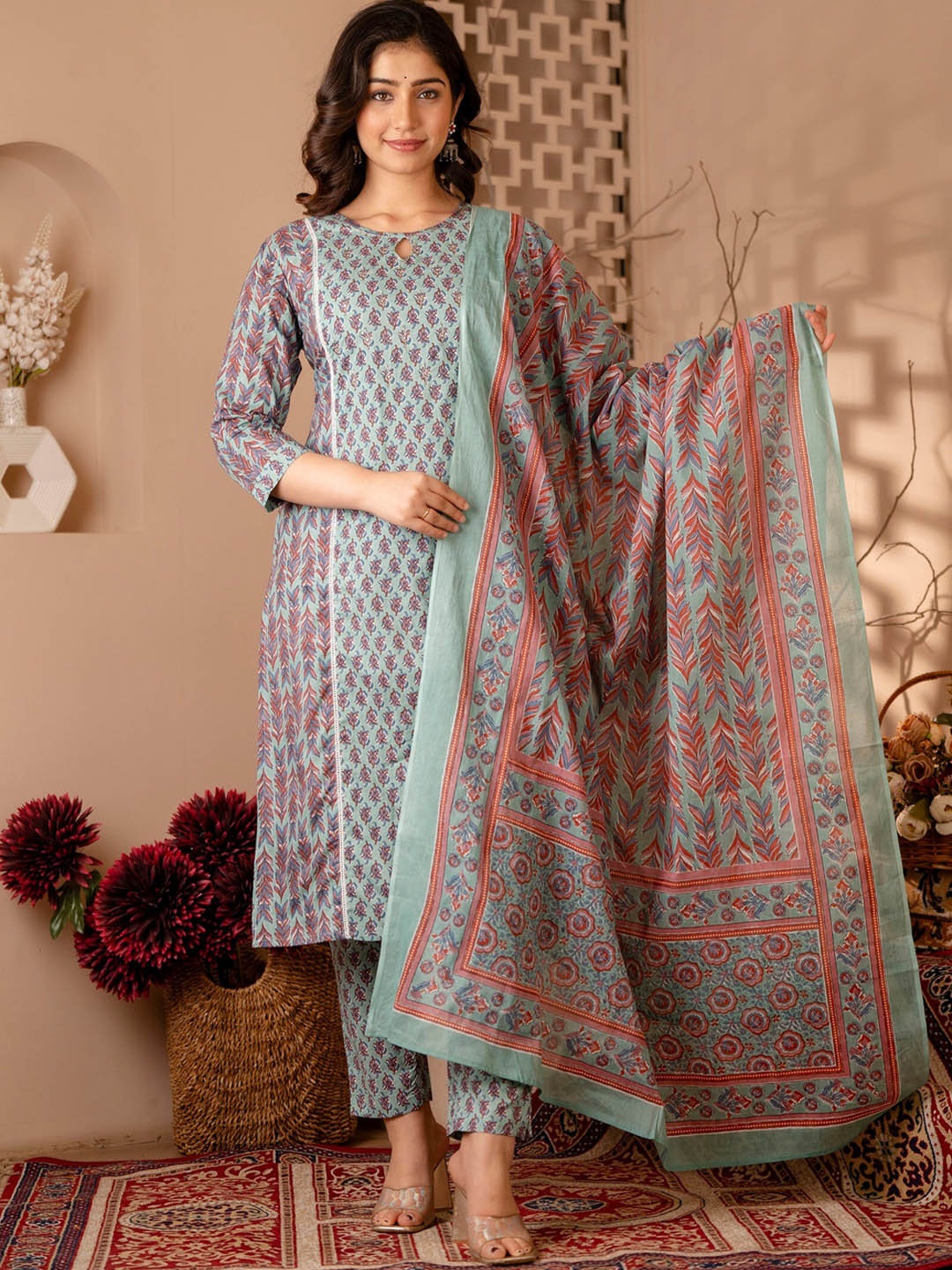 CKM Ethnic Motifs Printed Keyhole Neck Pure Cotton Kurta With Trouser & Dupatta, Green
CKM Ethnic Motifs Printed Keyhole Neck Pure Cotton Kurta With Trouser & Dupatta, Green