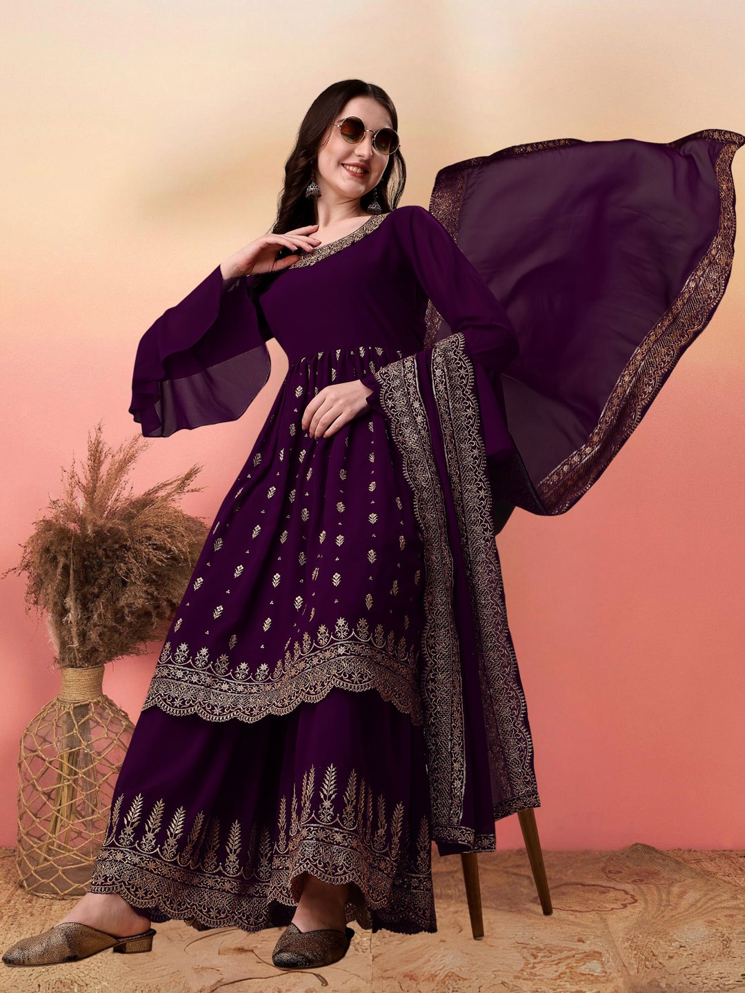 KALINI Floral Embroidered Round Neck Sequinned Anarkali Kurta with Sharara & Dupatta, Purple
KALINI Floral Embroidered Round Neck Sequinned Anarkali Kurta with Sharara & Dupatta, Purple