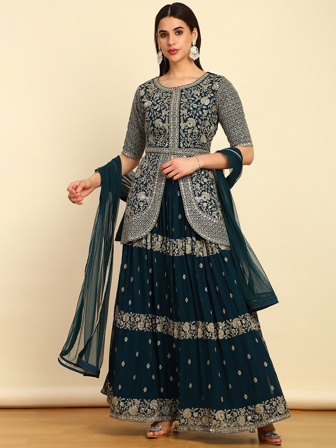 Soch Teal Green Embroidered Mirror Work Ready to Wear Lehenga & Blouse With Dupatta
Soch Teal Green Embroidered Mirror Work Ready to Wear Lehenga & Blouse With Dupatta