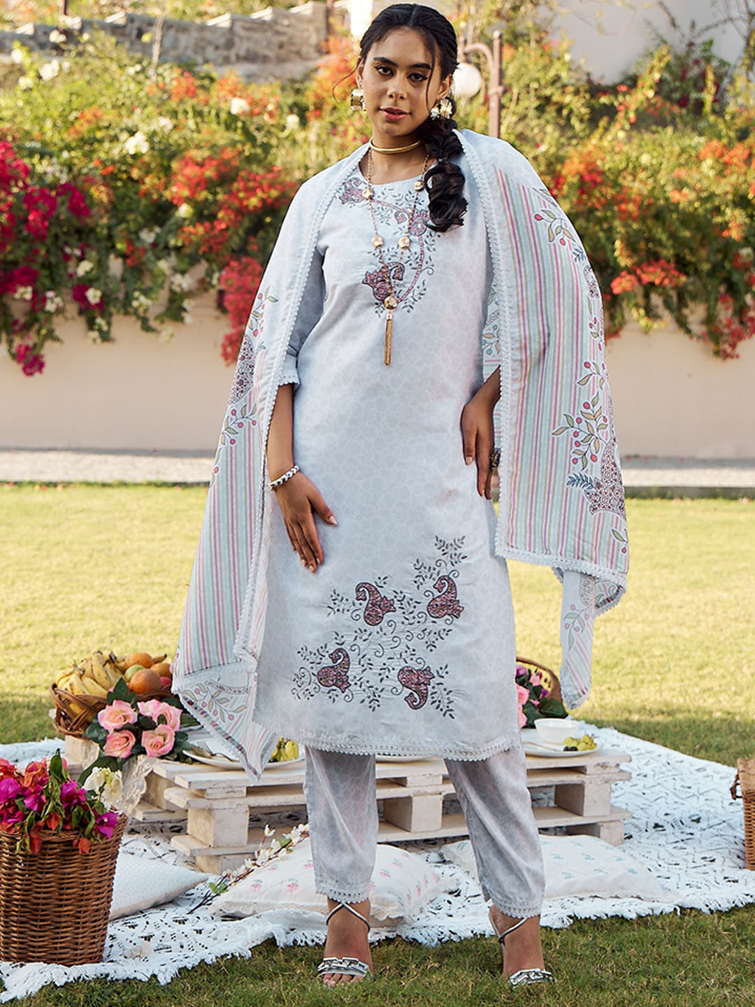 Sangria Digital Printed Chikankari Straight Kurta With Trousers & Dupatta, Turquoise blue
Sangria Digital Printed Chikankari Straight Kurta With Trousers & Dupatta, Turquoise blue