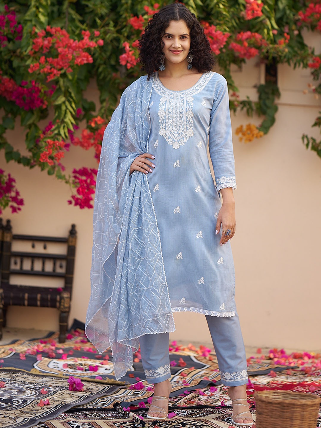 Sangria Lucknowi Worked Pure Cotton Round-Neck Straight Kurta With Trousers & Dupatta, Blue
Sangria Lucknowi Worked Pure Cotton Round-Neck Straight Kurta With Trousers & Dupatta, Blue