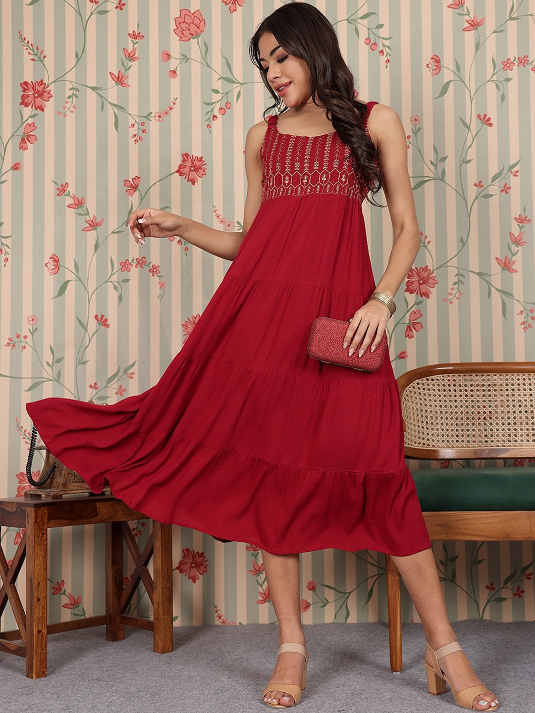 Ode by House of Pataudi Floral Embroidered Shoulder Straps Tiered A-Line Midi Dress, Maroon
Ode by House of Pataudi Floral Embroidered Shoulder Straps Tiered A-Line Midi Dress, Maroon